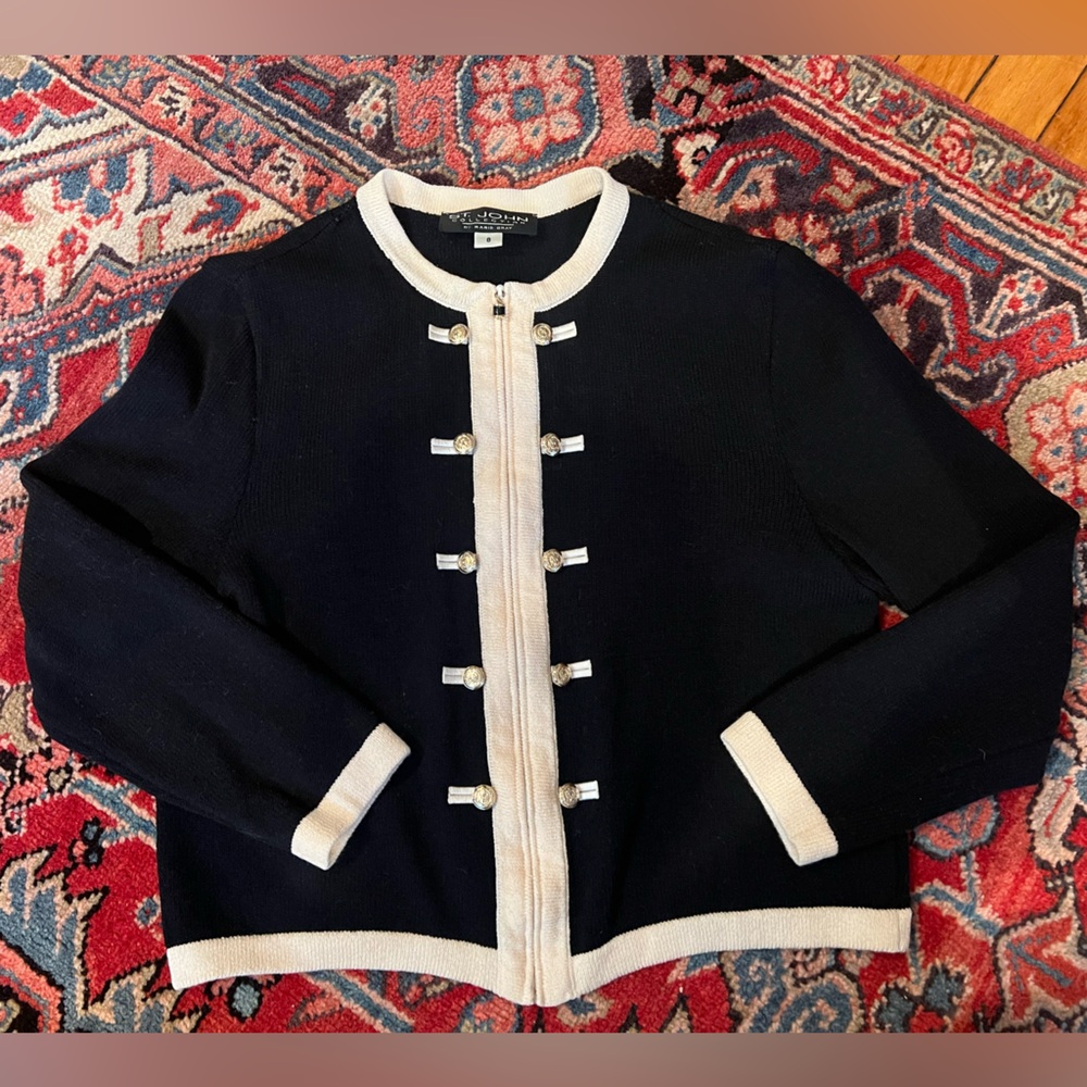 St John Collection Black Ivory Vintage Santana Knit Contrast Cardigan— Womens 8
